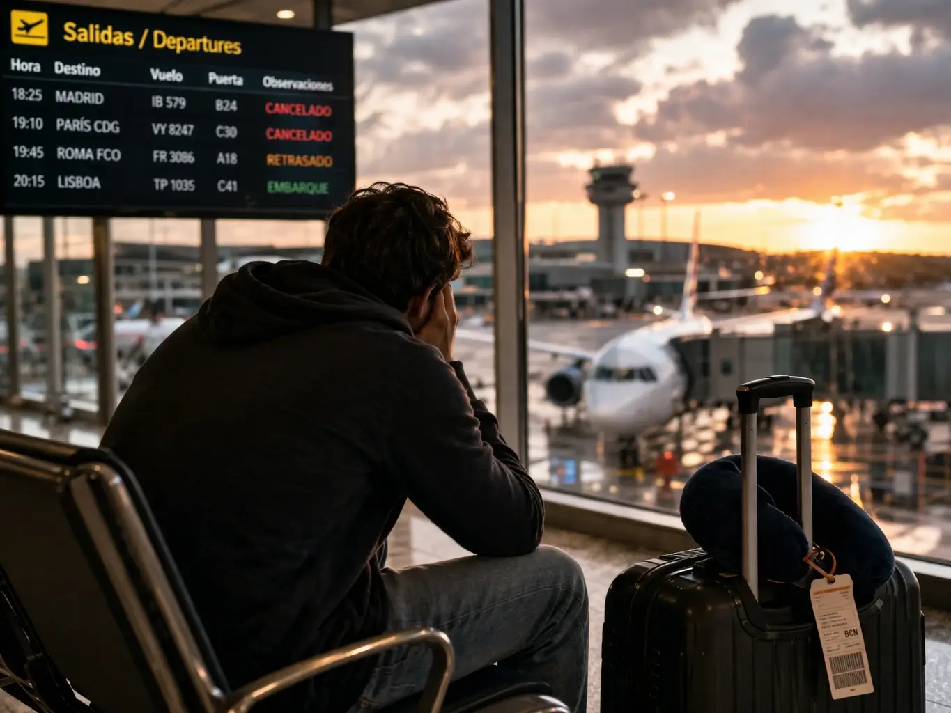 Panel de vuelos cancelados panel de salidas con vuelo cancelado a última hora