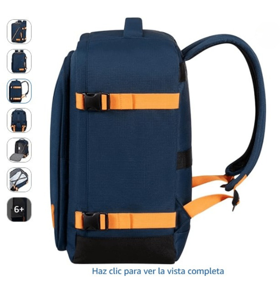 Vista lateral de la mochila Take2Cabin con correas de compresión