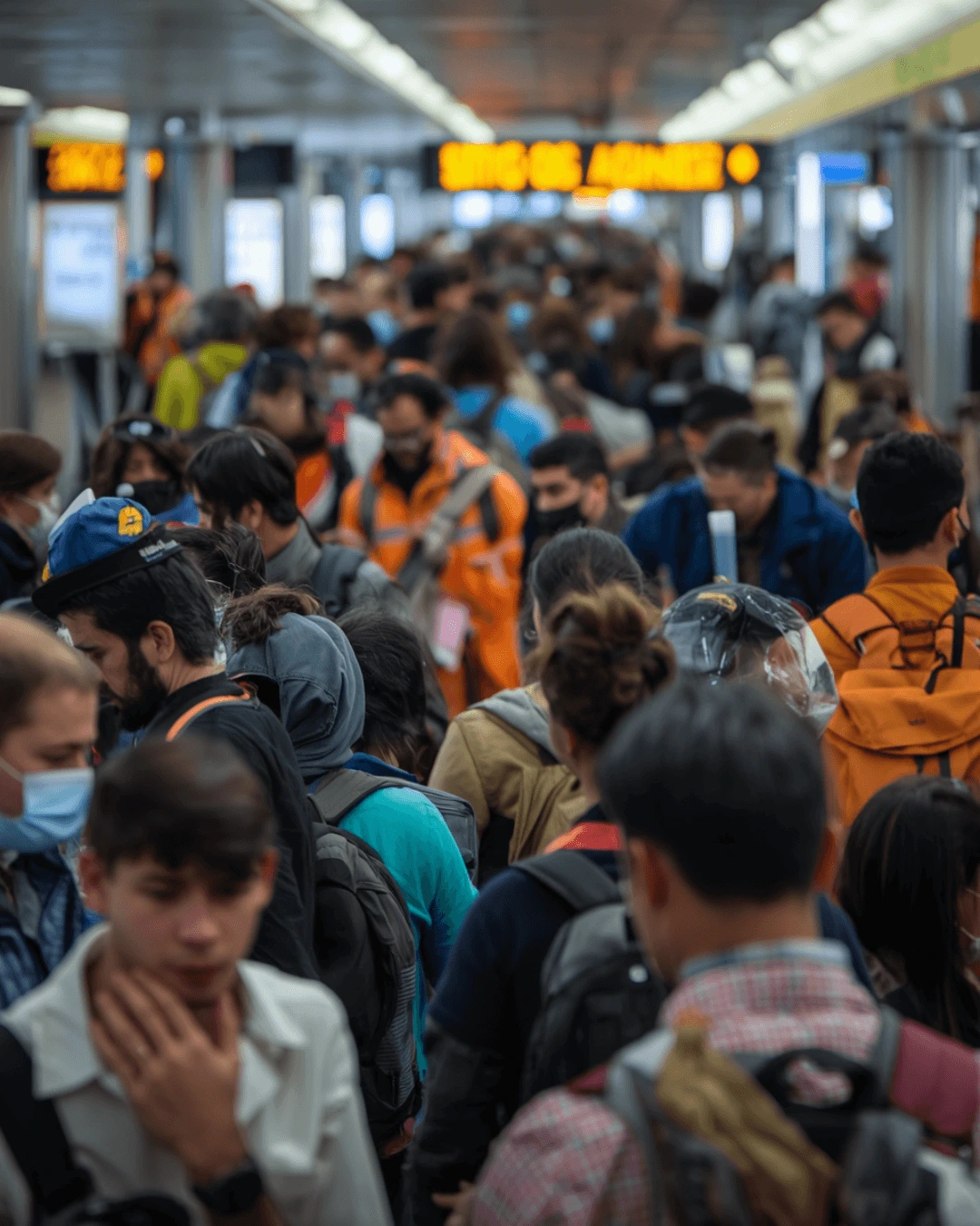 Multitud de viajeros en un aeropuerto en hora punta