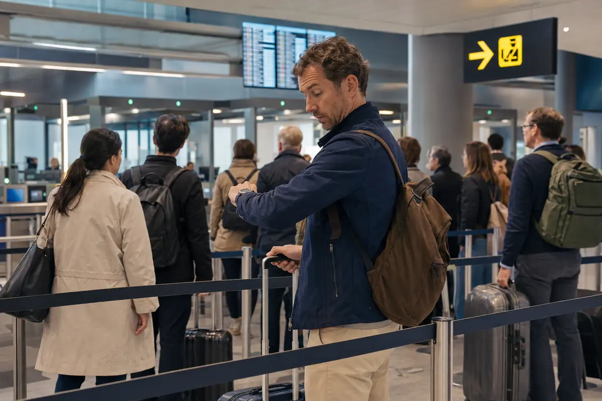 Viajero pendiente de su conexión ante el control de pasaportes Viajero comprobando la hora mientras espera para pasar el control de pasaportes en un aeropuerto europeo.