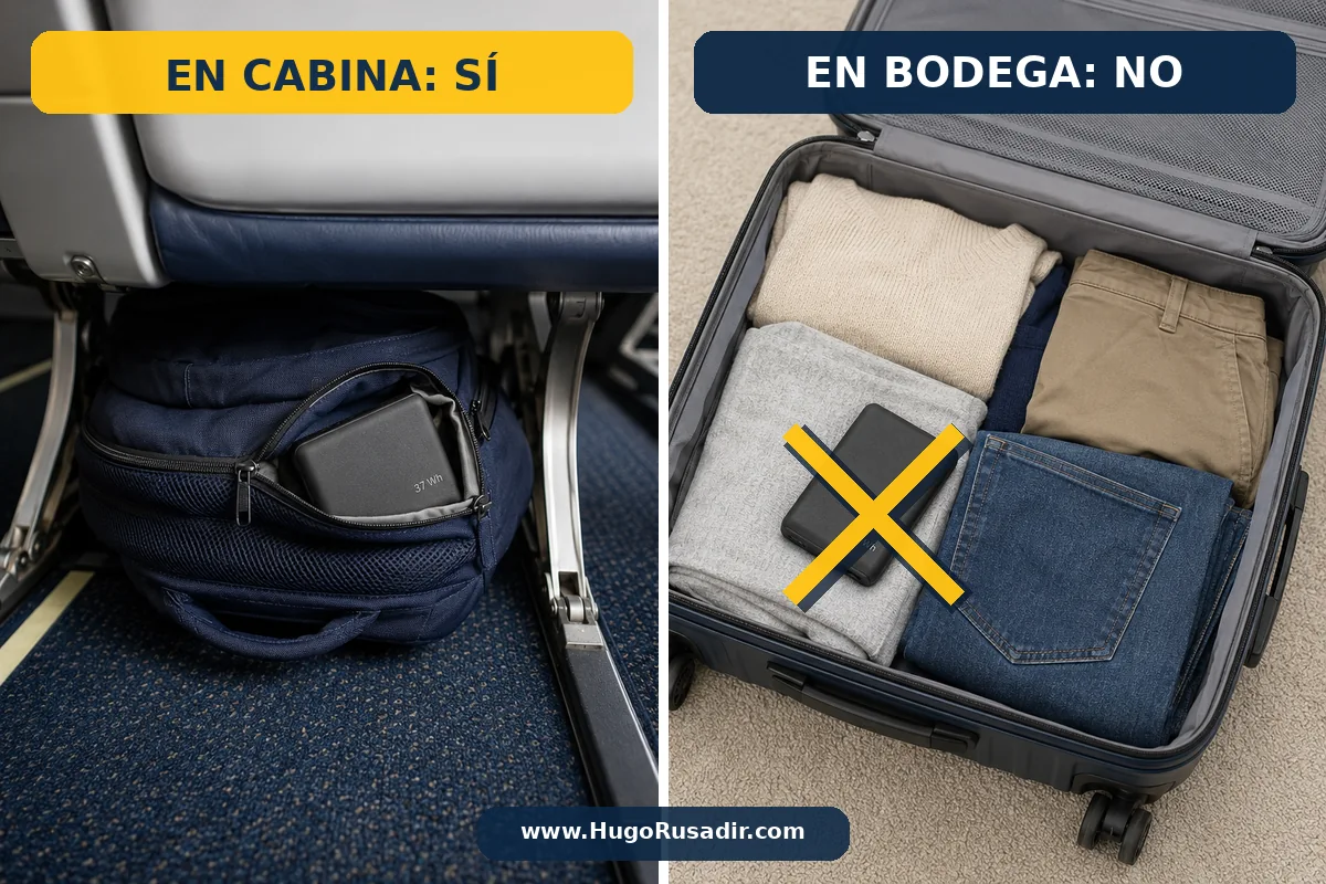 Power bank en el avión: normas y límites en 2026 Power bank de 37 Wh sobre una mochila de cabina en un aeropuerto