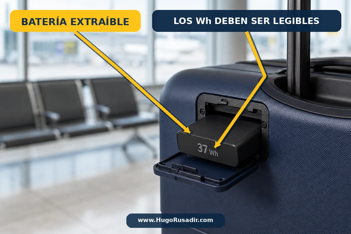 Batería extraíble de una maleta inteligente Batería extraíble de una maleta inteligente para viajar en avión