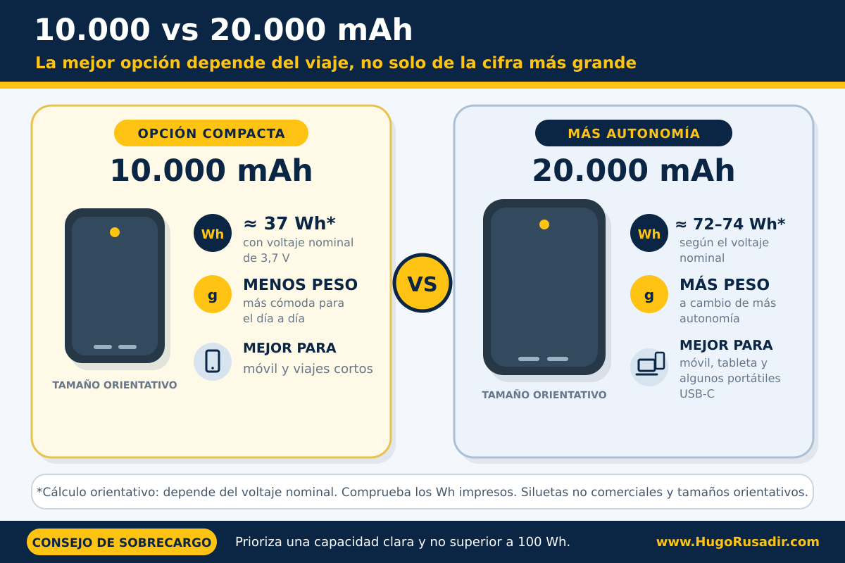 Power bank de 10.000 o 20.000 mAh: comparativa Comparación de power bank de 10.000 y 20.000 mAh para viajar